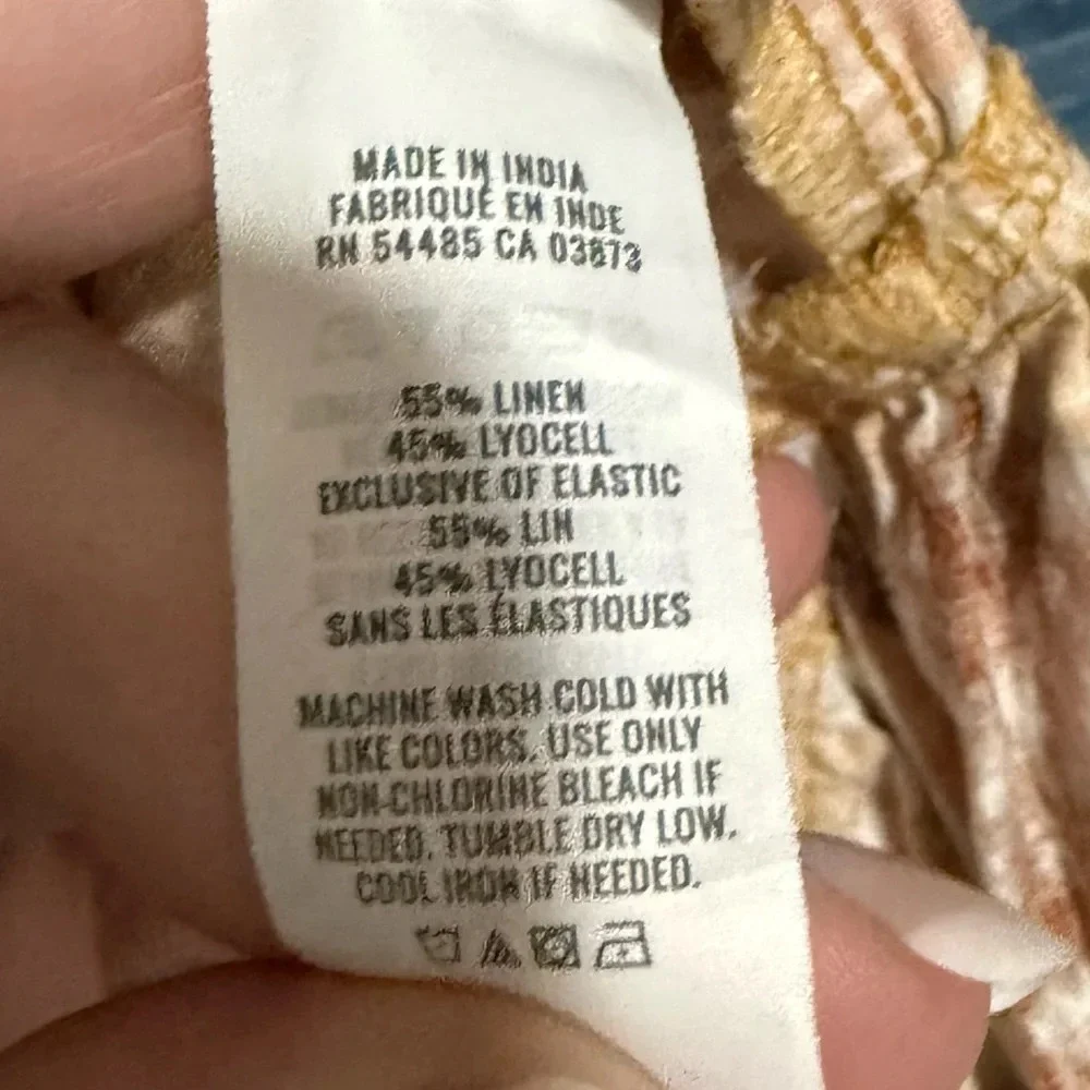 Aerie Linen Blend Halter Midi Dress Mustard Yellow Ikat Geometric Print Large